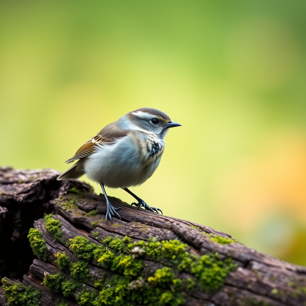 Capture a detailed image of a bird perched on a mossy log with a soft blurred background, using a Canon EOS 7D Mark II, 200mm lens, f/4 aperture, ISO 200, 1/500 sec shutter speed, with a shallow depth of field to emphasize the bird while softly blurring the surroundings.