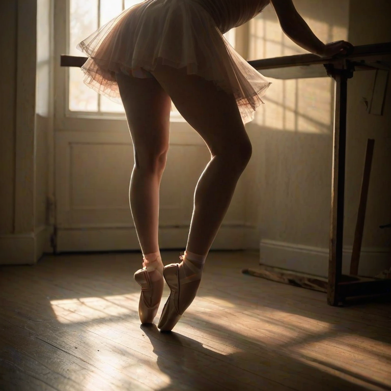 Softly lit image of a ballerina tying her pointe shoes in a dimly lit studio, soft light from a nearby window casting long shadows on the worn wooden floor, with faint reflections visible in the studio mirrors.