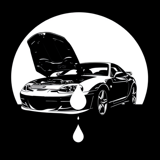 Create a high-contrast black and white graphic illustration of a car with an open hood and a dripping oil symbol, using a DSLR camera set to aperture f/8, ISO 100, and a focal length of 50mm, shot in a flat lay view with soft lighting to enhance clarity and detail.