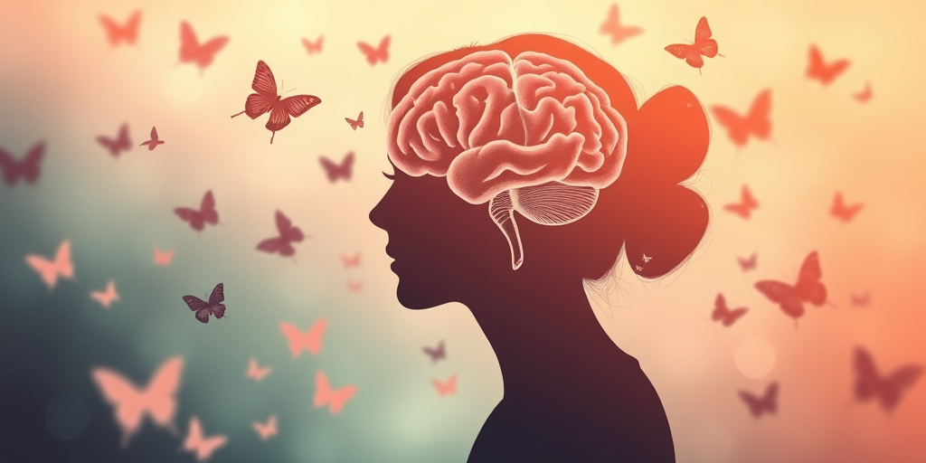 Create an abstract image of a silhouette of a woman thinking with a brain illustration, surrounded by soft pastel butterflies, use a shallow depth of field, Canon EOS 5D Mark IV, 50mm f/1.8 lens, aperture f/2.8, ISO 100, with a warm color palette and soft focus for a dreamy effect.