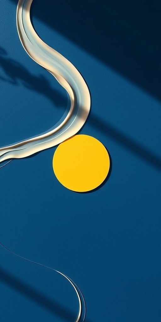 Create a minimalist abstract design featuring flowing lines in cream and a yellow sun shape on a blue background, captured with a DSLR camera at f/2.8, ISO 100, 50mm lens, top-down view, using soft natural lighting for enhanced texture and clarity.