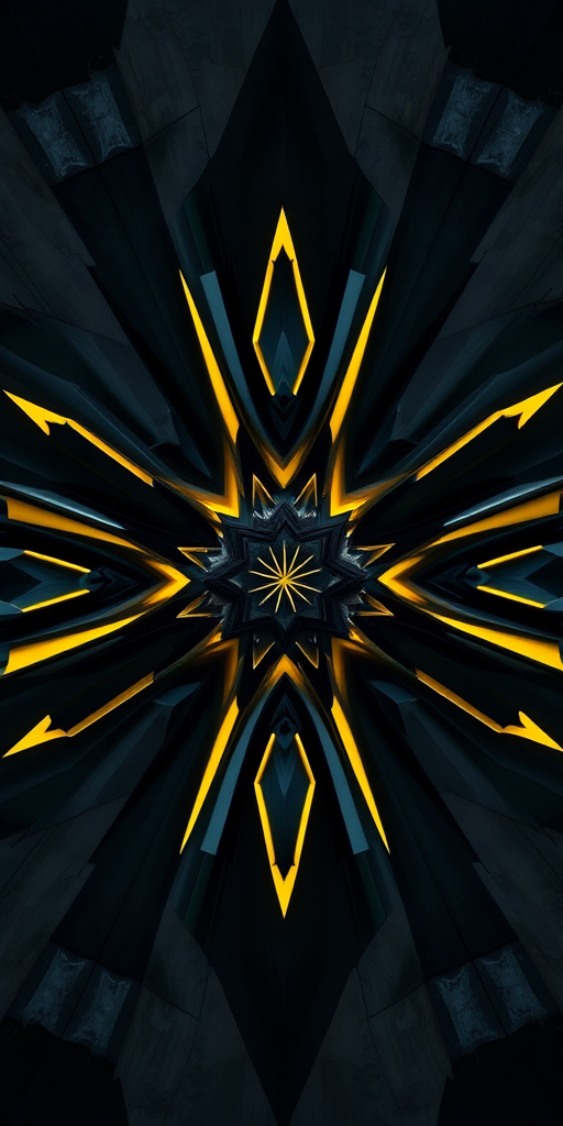 Regenerate an abstract design featuring geometric shapes in dark tones with bright yellow accents, using a DSLR camera, aperture f/8, ISO 100, 35mm lens, top-down view, and high dynamic range imaging for enhanced detail.