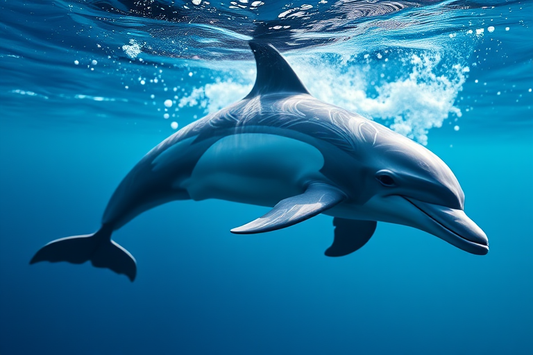 Create a highly detailed and lifelike image of a dolphin swimming gracefully with intricate patterns on its body, captured in soft natural lighting, using a DSLR camera with a 50mm lens, aperture set to f/2.8 for a shallow depth of field, ISO 200, and a shutter speed of 1/1000 sec for clarity and sharpness.
