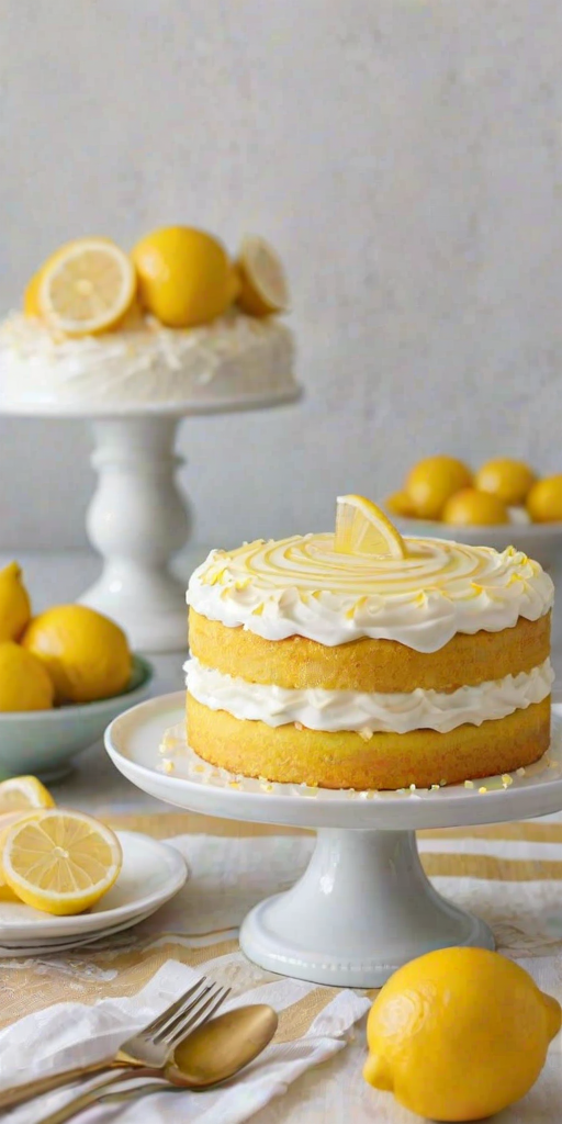 Create an image of a beautifully decorated lemon cake with yellow and white striped frosting. The cake should have layers visible, showcasing its light and fluffy texture. Include lemon slices as a garnish on top and around the base for added freshness. The setting should be bright and inviting, with a simple white cake stand.