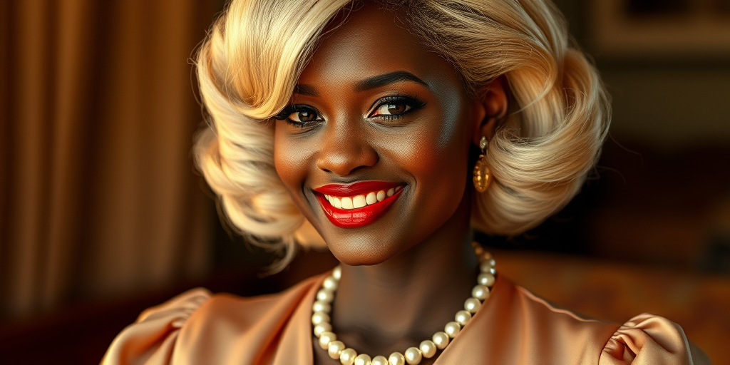 A beautiful Xhosa woman reminiscent of 1950s Hollywood glamour, with perfectly styled blonde hair and a seductive smile, dressed in a satin blouse and adorned with pearls, soft and warm tones, photorealistic, 8K