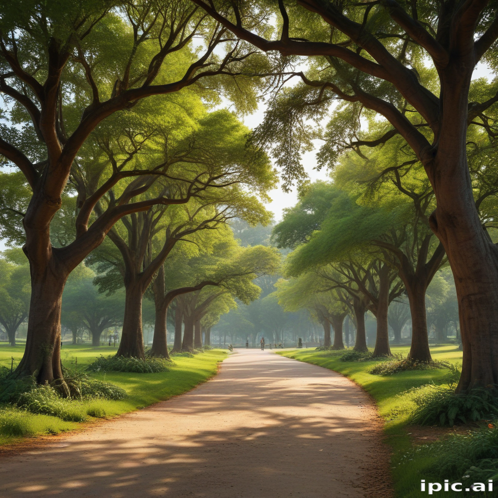 A Serene Pathway Surrounded by Lush Green Trees in a Tranquil Park.