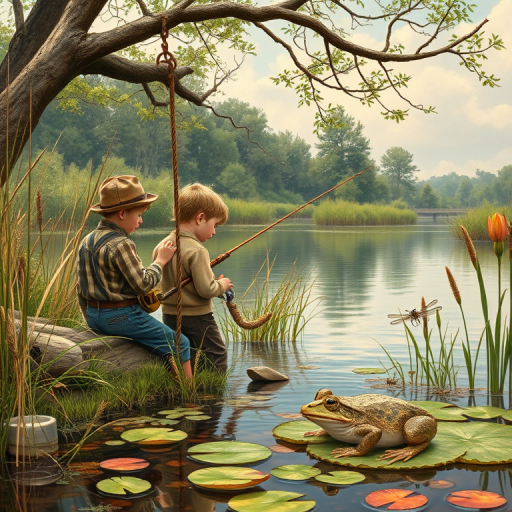 Imagine a small group of old fashioned young boys out fishing by the creek, a swing hanging from a tree branch, reeds and grasses by the water's edge, a frog sitting on a lily pad, dragonflies hovering over som water plans, a very iconic old fashioned scene reminiscent of a Norman Rockwell painting style