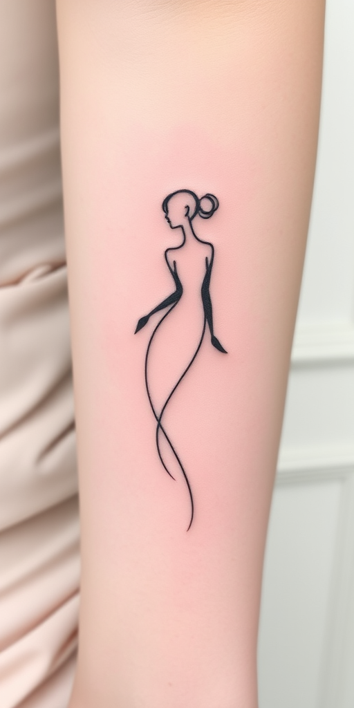 Minimalist line art tattoo entitled "Whispered Silhouette" depicting a graceful female figure in a single, continuous line that flows effortlessly across the skin, capturing the essence of femininity and movement with its simplicity and elegance, perfect for those who prefer subtle yet meaningful tattoos that can be easily concealed or displayed.