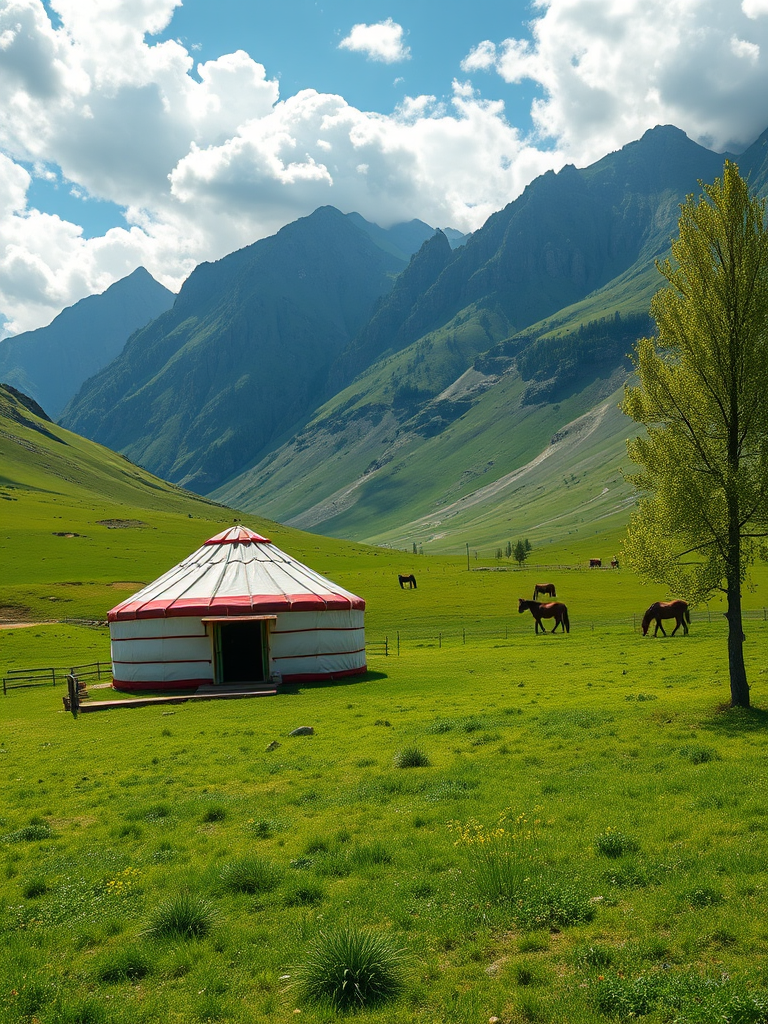a scenic view of a yurt in a lush green valley with mountains in the background and horses grazing, captured with a Canon EOS R5, 24-70mm lens, f/8 aperture, ISO 100, 1/250 sec shutter speed, wide-angle view, vibrant colors and high detail