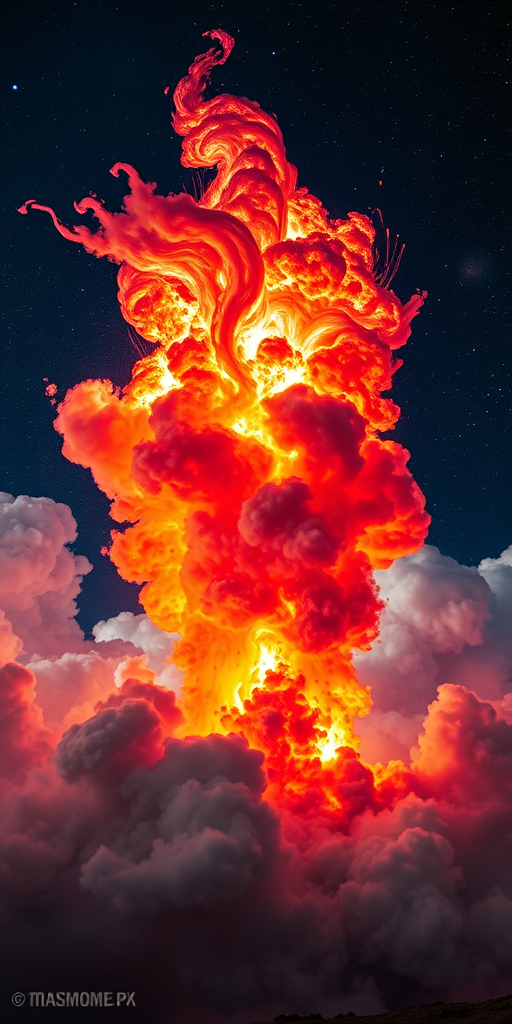 Create a vivid explosion in a cosmic setting with swirling clouds and vibrant colors, using a DSLR camera with a 24mm lens at f/8, ISO 100, and a long exposure setting to capture motion and detail, shot from a low angle to emphasize depth and scale.