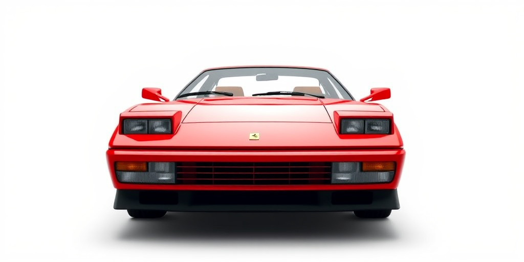 Generate a highly detailed illustration of a red Ferrari Testarossa with a 45-degree front view in a minimalist style, using a Canon EOS R5 with a 50mm lens, aperture set to f/2.8, ISO 100, and 1/125 shutter speed for optimal clarity and vibrancy.