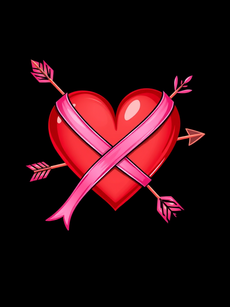 Create a vibrant illustration of a red heart entwined with a pink ribbon and an arrow, using a high-resolution digital camera with a focal length of 50mm, aperture set at f/2.8, ISO 100, taken from a straight-on view to highlight the colors and details against a solid black background.
