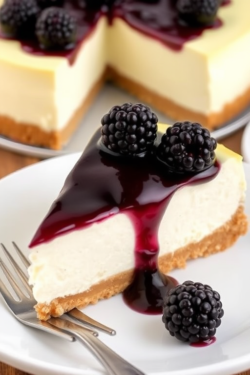 A slice of cheesecake with a creamy white filling and a graham cracker crust topped with a glossy blackberry sauce and fresh blackberries on top, served on a white plate with a fork beside it, with a whole cheesecake in the background.