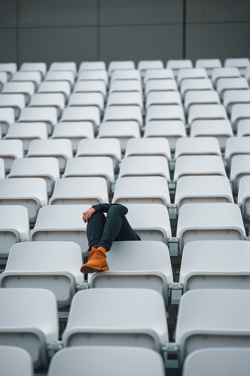 A lonely figure sitting with knees drawn up on a stark white stadium seat arrangement, capturing emotions of solitude and contemplation, shot with a Canon EOS 5D Mark IV, 50mm lens, aperture f/1.8, ISO 100, natural light, shallow depth of field to enhance focus on the subject.