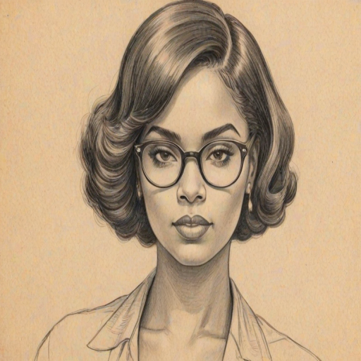 Magnificent Ashanti, pencil sketch, portrait of Appealing woman 1925s in glasses, hair style beatnik, outline, clear lines, fine lines, 8k