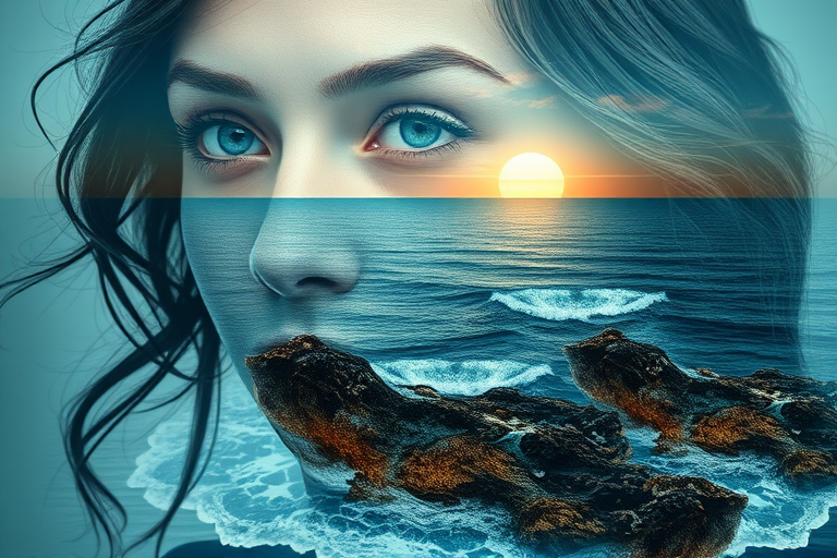 design Book cover, A surreal double exposure portrait that blends a woman's face with a beautiful seascape. The overall mood is dreamy and mystical, with rich colors and intricate details