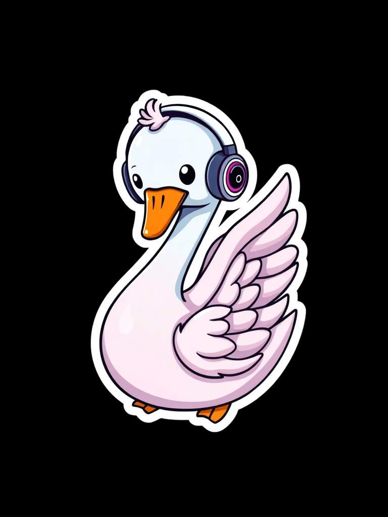 imagine sticker, Happy Colorful Swan wearing Headphones, kawaii, contour, vector, black background