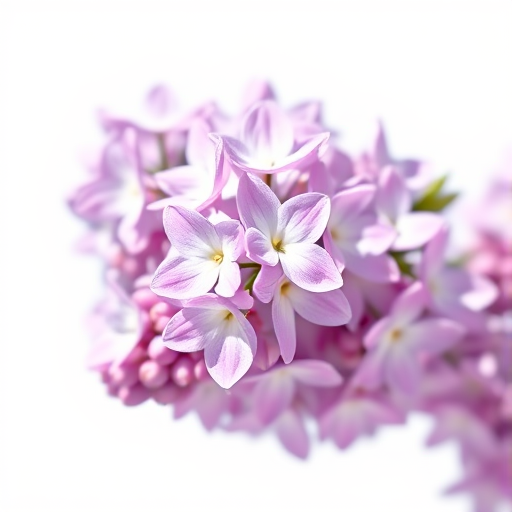 lilac flowers on a white background, macro photography, f/2.8 aperture, 50mm lens, ISO 100, sunlight illumination, high detail, soft shadows, shallow depth of field, DSLR camera.