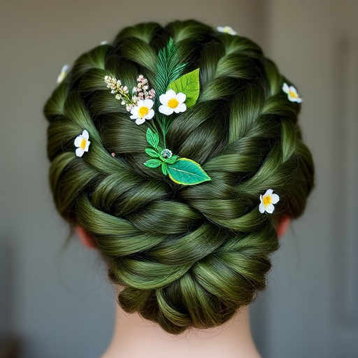Enchanted Forest Updo showcasing a complex arrangement of braids and twists in various shades of green, adorned with small flowers and leaf-shaped pins