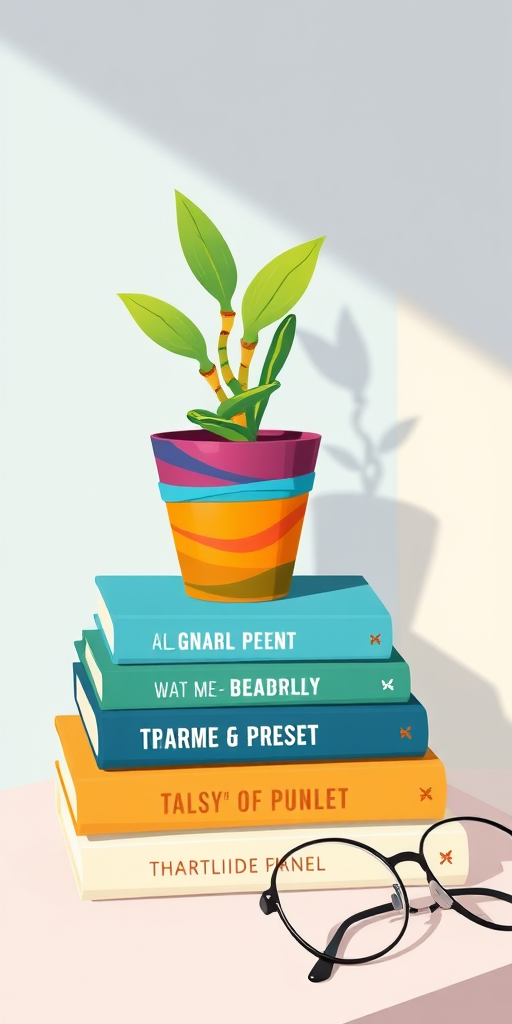 create an illustration of a vibrant potted plant with a spiraled colorful pot sitting atop a stack of books with motivational titles and a stylish pair of glasses beside the books, captured in a soft natural light setting, using a Canon EOS R5, 50mm lens, f/1.8 aperture, ISO 200, with a shallow depth of field for a dreamy effect.