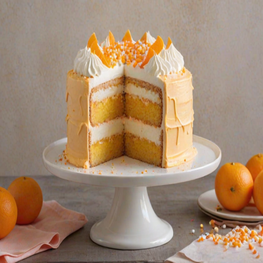 Create an image of a layered cake with a light orange mousse filling and a vanilla sponge base. The cake should have a smooth orange frosting on top, decorated with dollops of whipped cream and orange candy pieces arranged around the edge. Show a slice of the cake cut out, revealing the layers inside. The background should be simple and elegant to highlight the cake.