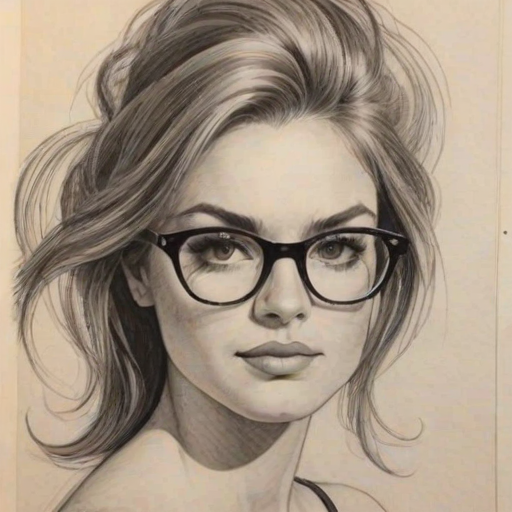 Superb Leila George, pencil sketch, portrait of Alluring woman 1967s in glasses, hair style beatnik, outline, clear lines, fine lines, 8k