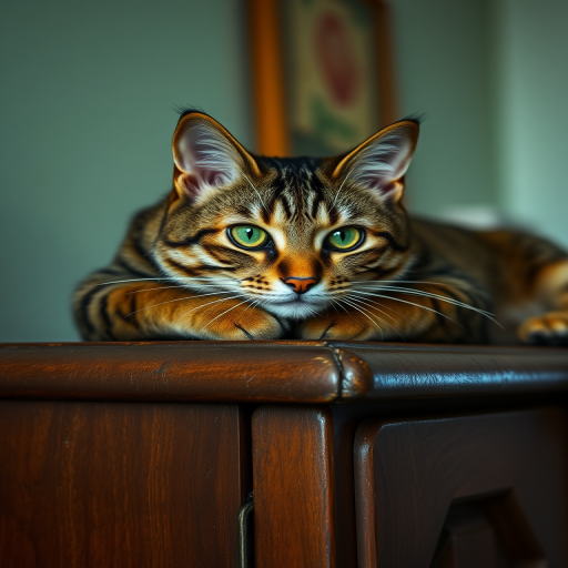 A tabby cat with bright green eyes lounging on a vintage wooden cabinet, low-key lighting, shot with a 50mm lens at f/1.8, ISO 100, 1/125 sec, taken with a DSLR camera, soft focus background.
