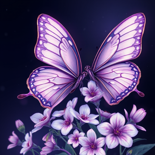 Create a detailed illustration of two beautiful purple butterflies resting on delicate flowers. The butterflies should have intricate patterns and a soft glow, surrounded by a serene, dark background that enhances the vibrant colors. The flowers should complement the butterflies, adding to the overall elegance of the scene.