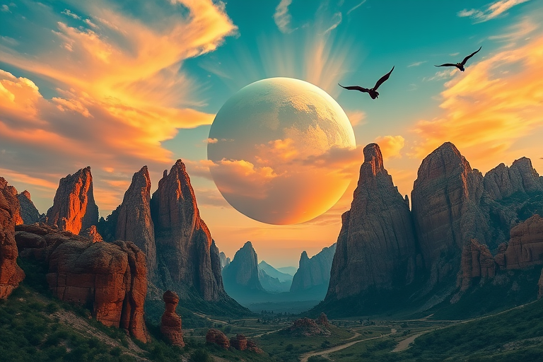Create a surreal landscape featuring towering rock formations under a dramatic sky with a large planet visible, add fantastical flying creatures, captured with a Canon EOS R5, 24mm lens, f/8 aperture, ISO 100, shot during golden hour for enhanced color and contrast.