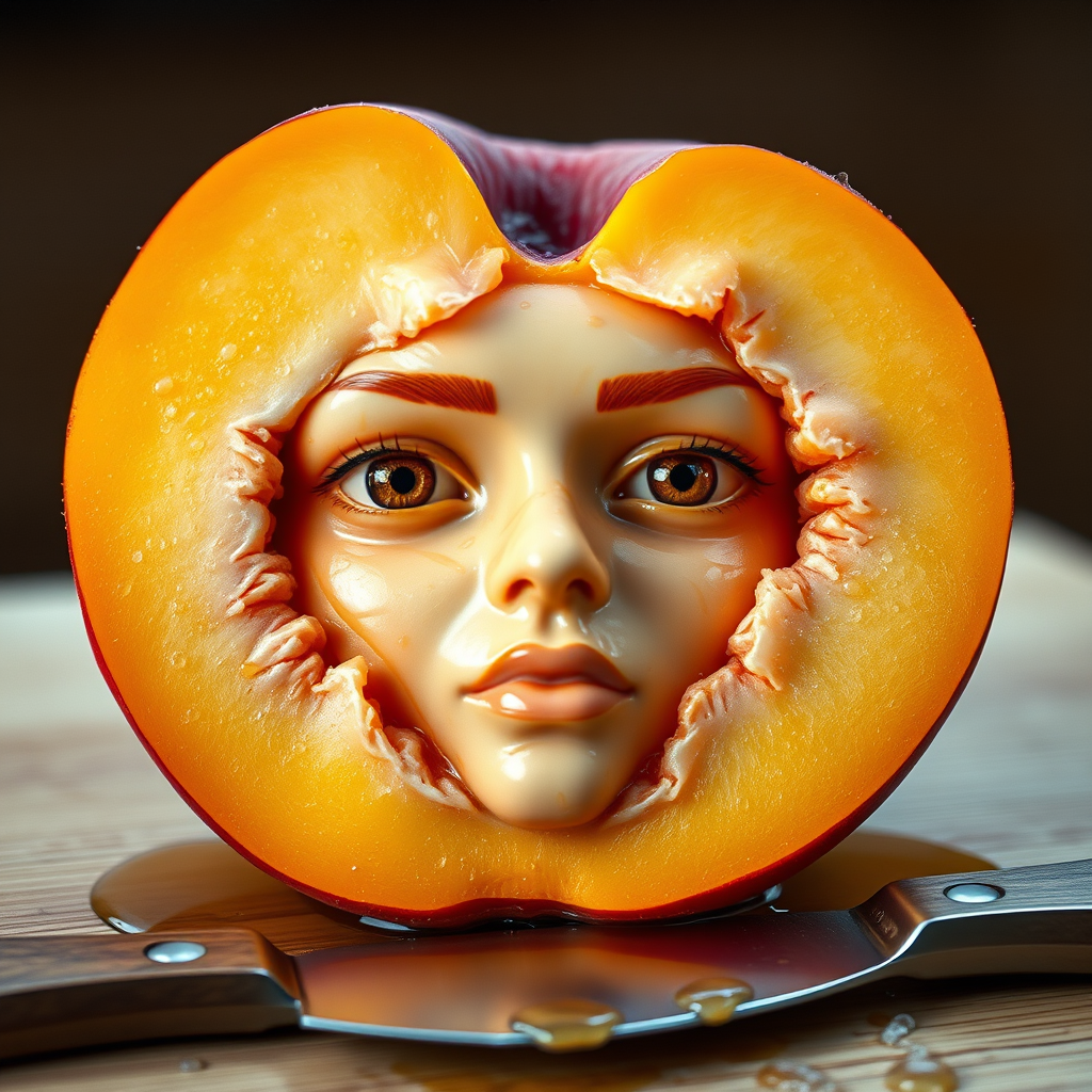 A hyperdetailed photorealistic macro color saturated high resolution image of a peach cut in half, with the peach pit being a highly detailed sculpted woman's face with her eyes open and peach-colored irises. The face has a marble texture. The image includes condensation, moisture, and peach juice. The peach is on a wooden cutting board with a small fruit knife nearby, also covered with juice.
