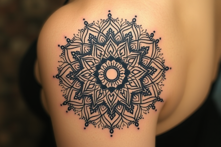 Dotwork mandala tattoo called "Cosmic Balance" using thousands of tiny dots to create intricate patterns and shading forming a symmetrical circular design inspired by spiritual and meditative practices