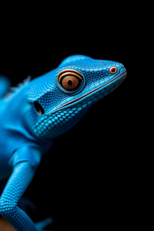 close-up of a vibrant blue lizard against a black background, f2.8 aperture, ISO 100, 1/200 sec shutter speed, macro lens, soft focus style, DSLR camera