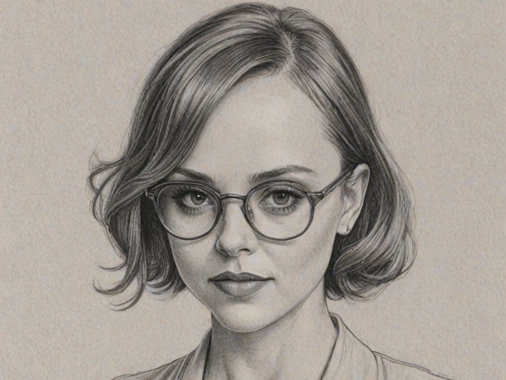 Graceful Christina Ricci, pencil sketch, portrait of Ravishing woman 1937s in glasses, hair style beatnik, outline, clear lines, fine lines, 8k