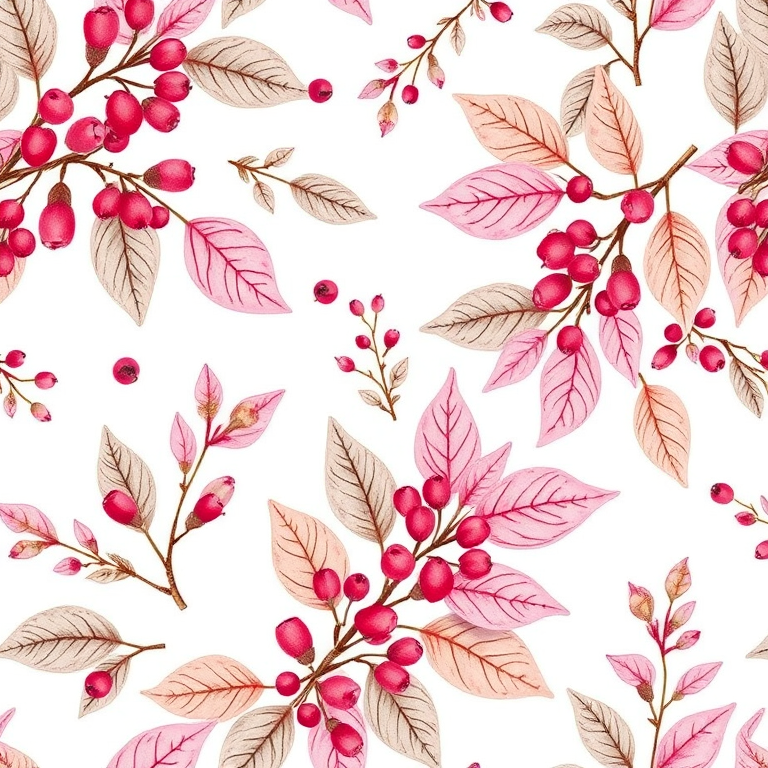 create a seamless pattern of hand-drawn botanical elements featuring pink leaves and berries on a white background, shot with a Canon EOS R5, 50mm lens, f/2.8 aperture, ISO 100, in natural light to enhance colors and details.