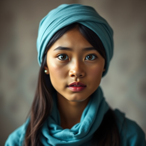 Create a portrait of a young Lao male with long, dark hair and captivating hazel eyes. She is wearing a cyan headscarf and a matching scarf draped gracefully around her neck. The background is softly blurred, focusing attention on her serene and natural expression. The overall color palette is muted and warm, enhancing the intimate and authentic feel of the portrait.