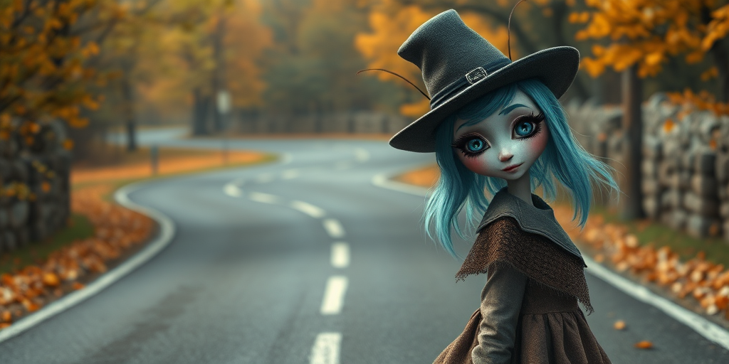 digital art fantasy depicting a strange girl with cyan hair, long eyelashes, white lipstick and a tall hat walking along a winding road on an autumn afternoon, an Cockroach smiles as she passes