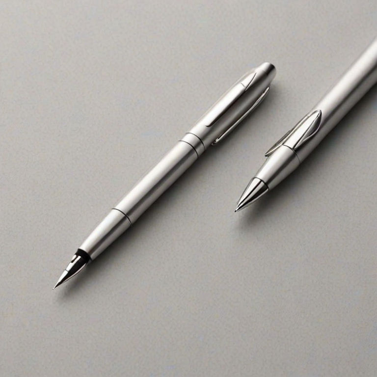 create a sleek silver pen angled slightly to showcase its design and clip against a minimalist background