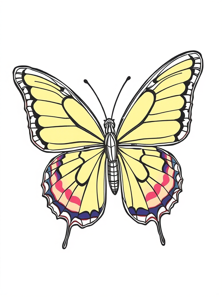 Create a vibrant and detailed line art of a butterfly with intricate patterns, using a Canon EOS R5 camera, 50mm lens, f/1.8 aperture, ISO 100, natural light, top-down view, minimalist style to enhance image quality.
