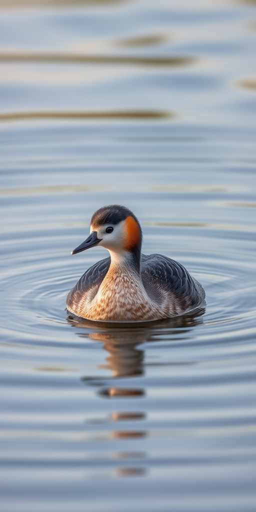 Capture a high-resolution image of a grebe swimming gracefully on calm water with soft ripples reflected around it, using a Canon EOS 5D Mark IV, 85mm lens, aperture set to f/4, shutter speed at 1/500s, ISO 200, natural light, focused on the bird with a blurred background for depth.