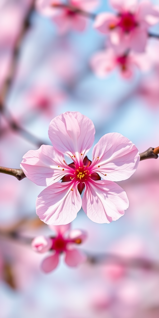 Create a high-resolution vector image of a cherry blossom flower with a vibrant pink color, using a macro focus to capture intricate details, shot from a top-down view, with a digital camera setting of f/2.8 for shallow depth of field and a resolution of 4000x4000 pixels.