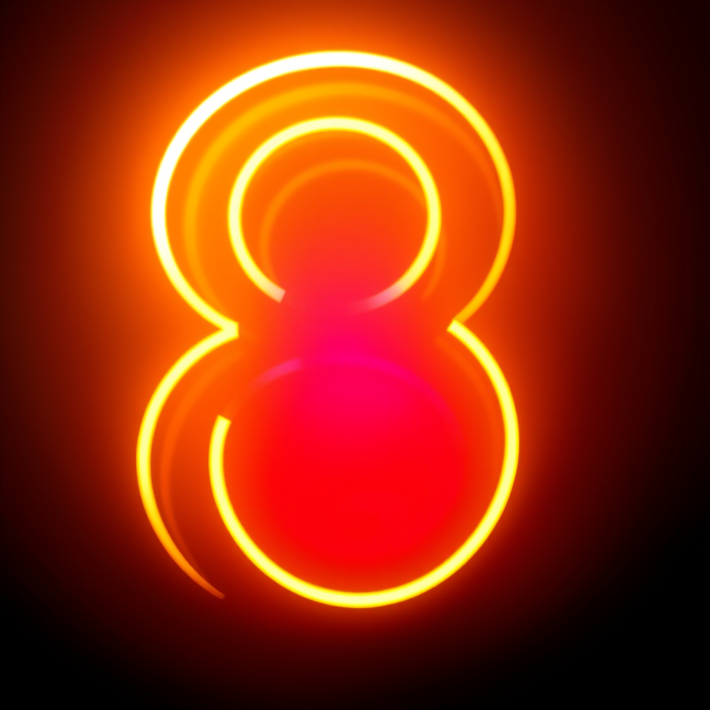 Generate a vibrant neon number 8 design with a glowing yellow outline and a bold red center, using a DSLR camera with a 50mm lens, f/1.8 aperture, ISO 100, and a shallow depth of field to enhance the brightness and clarity.