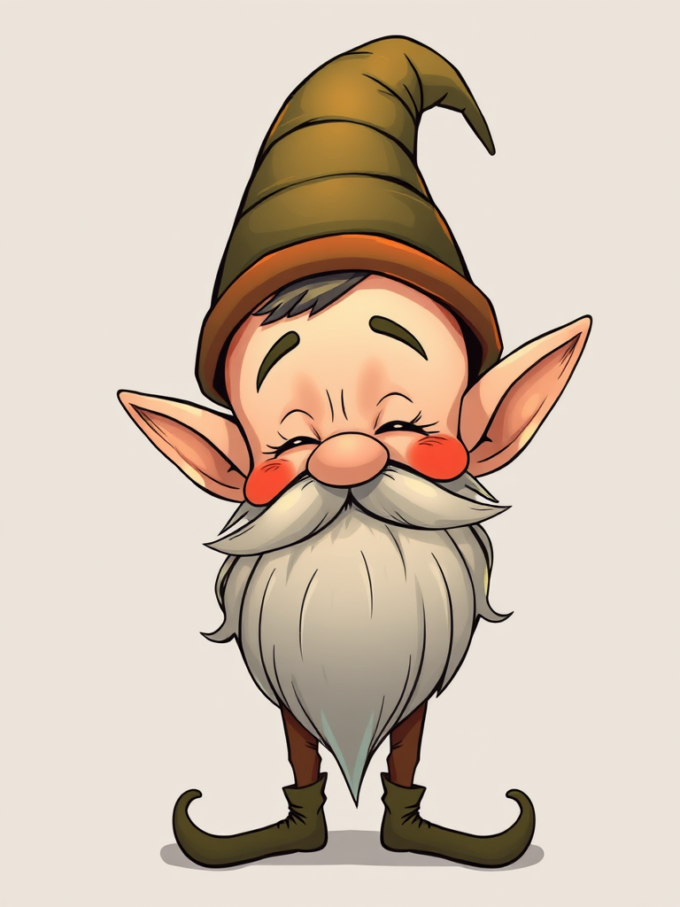 Create a high-resolution illustration of a whimsical elf character with a large hat and bushy beard, highly detailed lines, in a studio lighting setup, using a DSLR camera with a 50mm lens, f/2.8 aperture, ISO 100, and a slight vignette effect to focus attention on the elf.