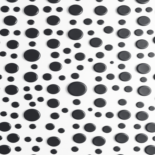 Create a high-resolution pattern of evenly spaced black circles on a white background, photographed with a DSLR camera at f/8 aperture, ISO 100, 50mm lens, top-down view, using natural lighting for a clean, crisp appearance.