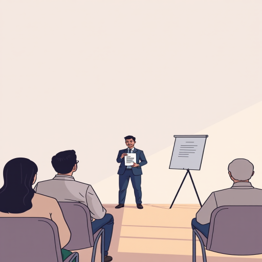 A minimalist illustration of a presenter displaying a document to an audience with four figures seated, captured with a Canon EOS R5, 35mm lens, f/4 aperture, ISO 100, natural lighting, focus on the presenter, 4K resolution for clarity.