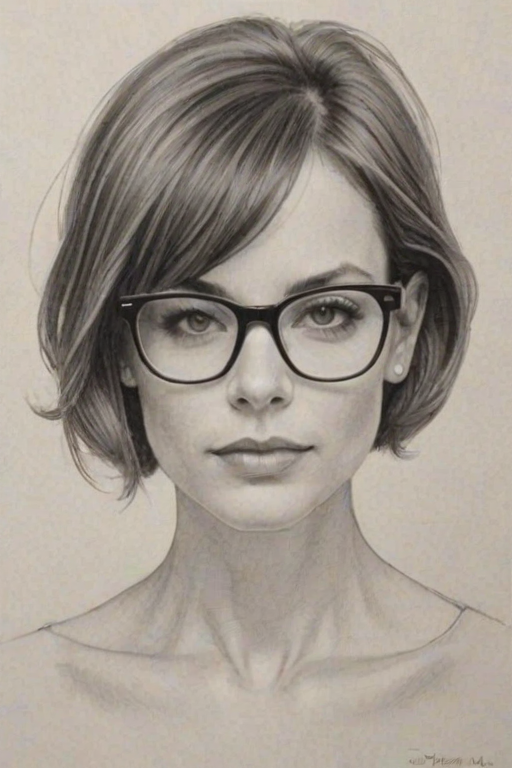 Superb Stephanie Szostak, pencil sketch, portrait of Graceful woman 1965s in glasses, hair style beatnik, outline, clear lines, fine lines, 8k