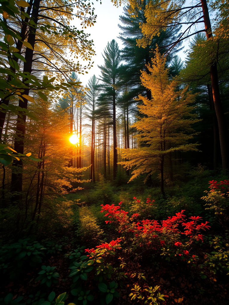 Generate a high-resolution image of a peaceful forest landscape during sunrise, using a Canon EOS 5D Mark IV with a 24-70mm lens at f/8, ISO 100, and a shutter speed of 1/200 sec from a low angle perspective to capture vibrant colors and details in the foliage.
