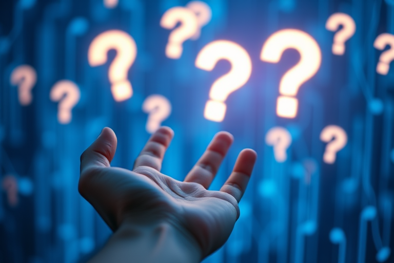 Create an image of a human hand reaching out towards glowing question marks in a digital network environment, with a blue background, using a DSLR camera at f/2.8, ISO 100, 1/125s, with a shallow depth of field and soft focus effect.