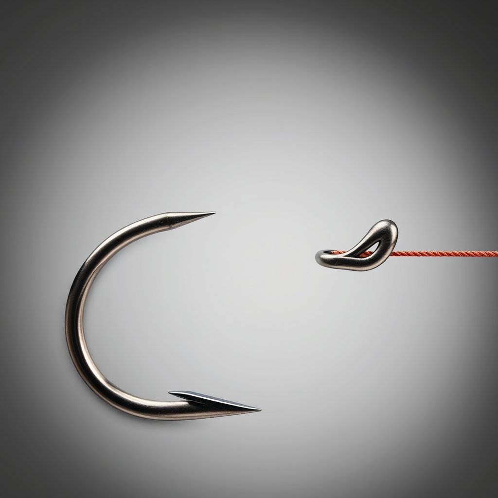 Create a high-resolution illustration of a fishing hook, using a macro lens to capture intricate details, with soft lighting for depth, a neutral background for contrast, and a focus on the metallic sheen of the hook.