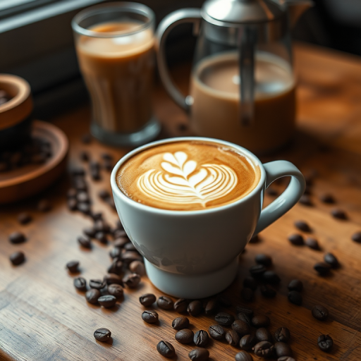A close-up shot of a beautifully crafted latte art in a white cup on a wooden table scattered with coffee beans, steam rising from the coffee, with a blurred background featuring a glass of milk coffee and a metal coffee pot, taken with a Canon EOS 5D Mark IV, 50mm lens, aperture f/2.8, shutter speed 1/125 sec, ISO 200, in natural soft light to enhance details and warmth.