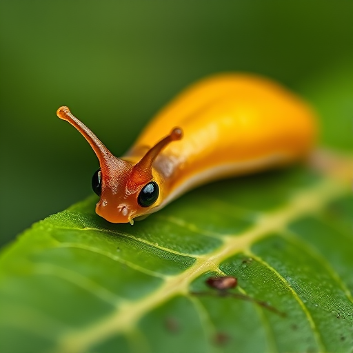 macro shot of a golden slug on a green leaf with shallow depth of field, aperture f/2.8, shutter speed 1/200s, ISO 100, 50mm lens, natural lighting, soft bokeh background, focus on the slug, vibrant colors